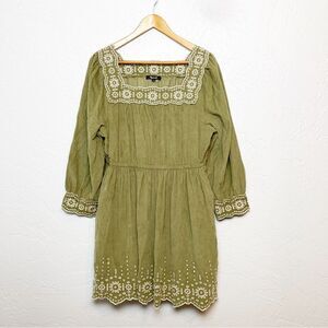 Madewell Embroidered Corduroy Dress petite large sage green long sleeve mini
